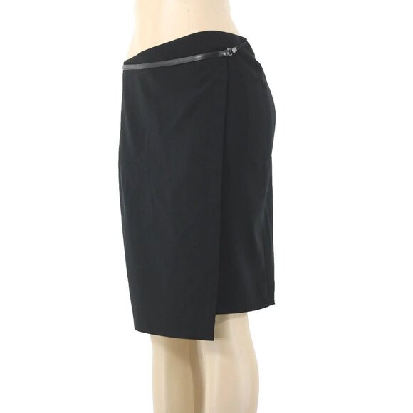 'S MaxMara Sz 6 Black Leather Trim Faux Wrap Triacetate Lined Polyester Skirt - Picture 1 of 16